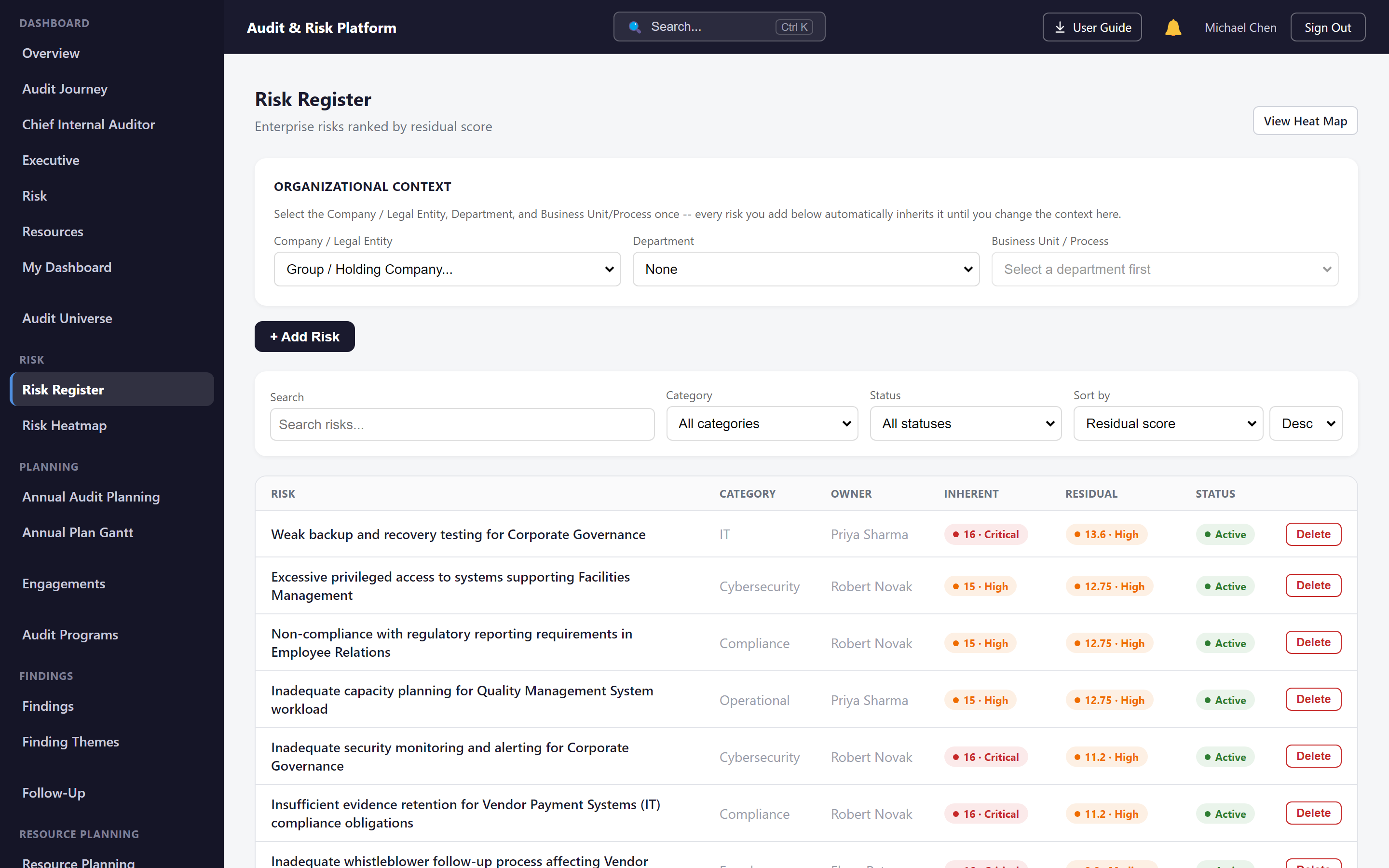 Risk Register screen in the Audit & Risk Platform ranking enterprise risks by residual score, with owner, inherent and residual ratings