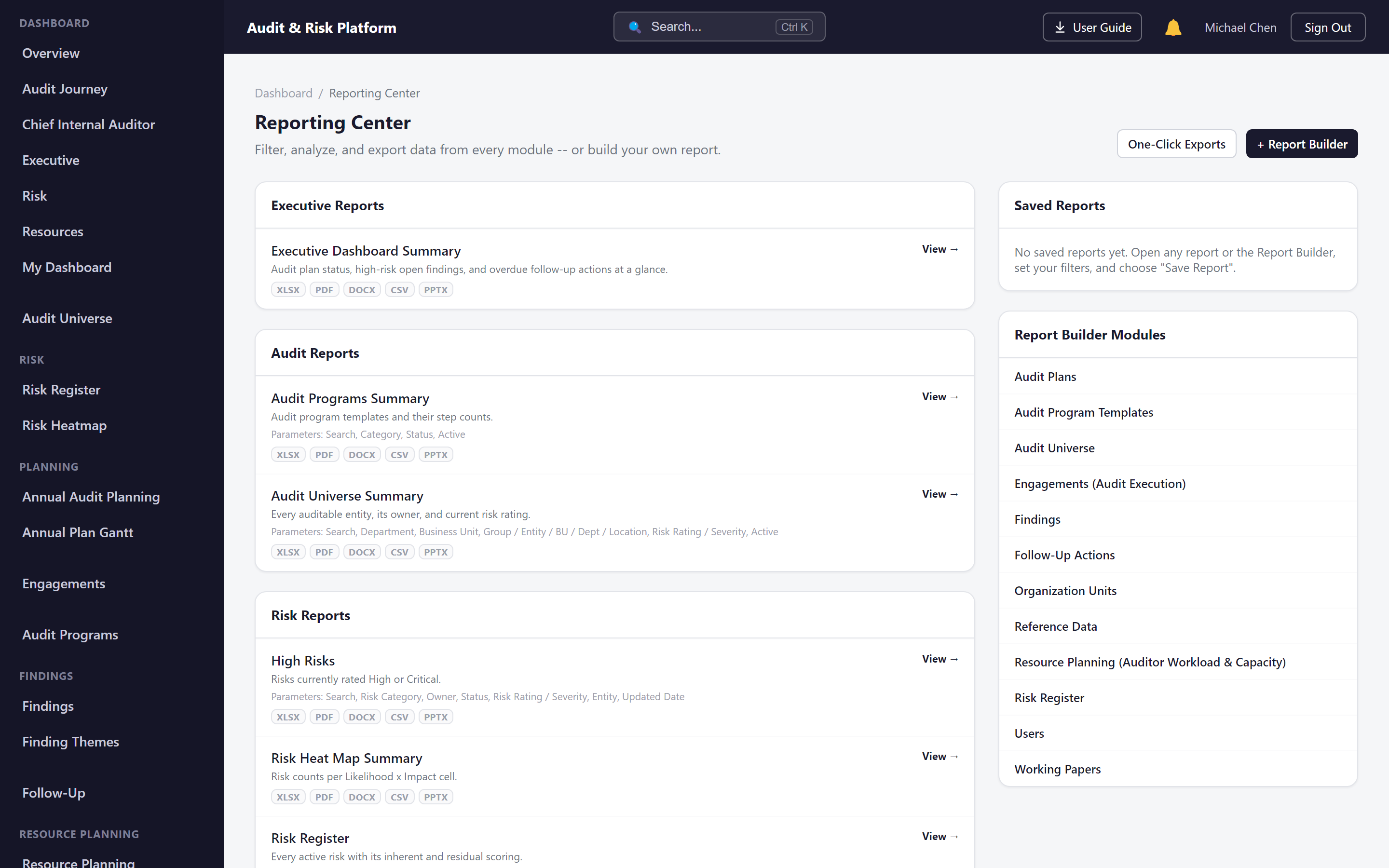 Reporting Center screen in the Audit & Risk Platform listing exportable audit, risk and findings reports with a custom report builder